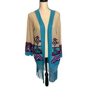Roja Cardigan Womens Small Multi Fabric Tan Blue Fringe‎ Trim Lightweight Open
